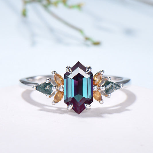 Vintage Elongated Hexagon Alexandrite Bridal Set with Citrine Moss Agate Cluster - PENFINE