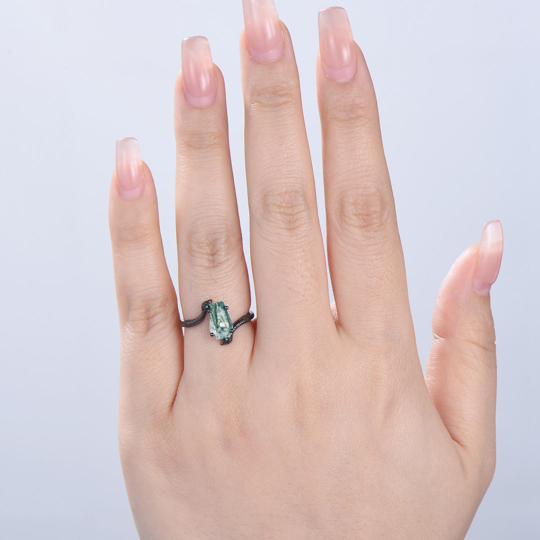 Unique Snake green moss agate engagement ring cold-blooded coffin shaped green stone three stone wedding ring women anniversary promise gift - PENFINE