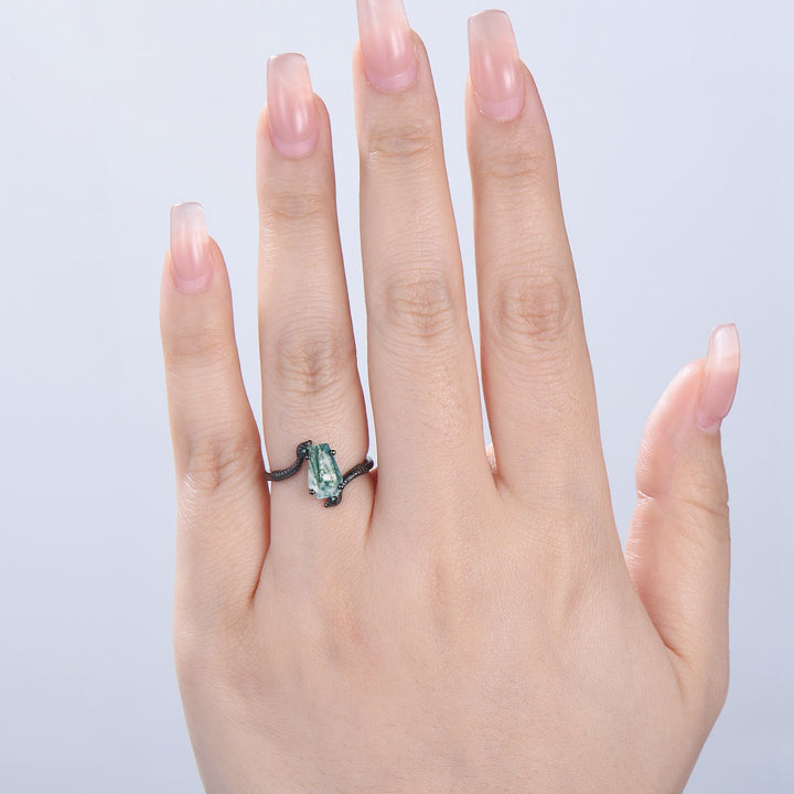 Unique Snake green moss agate engagement ring cold-blooded coffin shaped green stone three stone wedding ring women anniversary promise gift - PENFINE