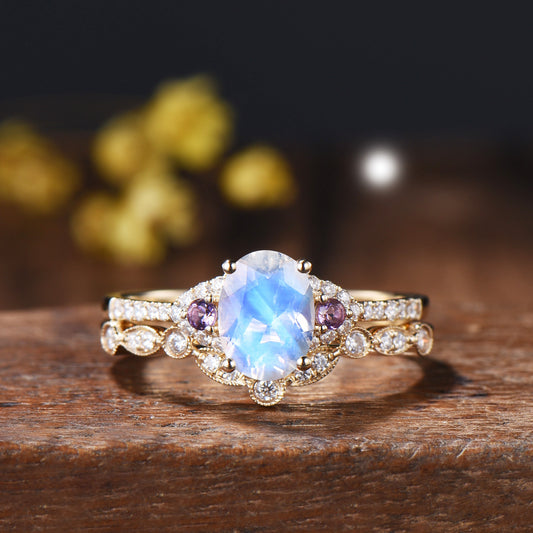 Vintage Moonstone Engagement Ring Set: 14K Gold, Amethyst Bridal Band