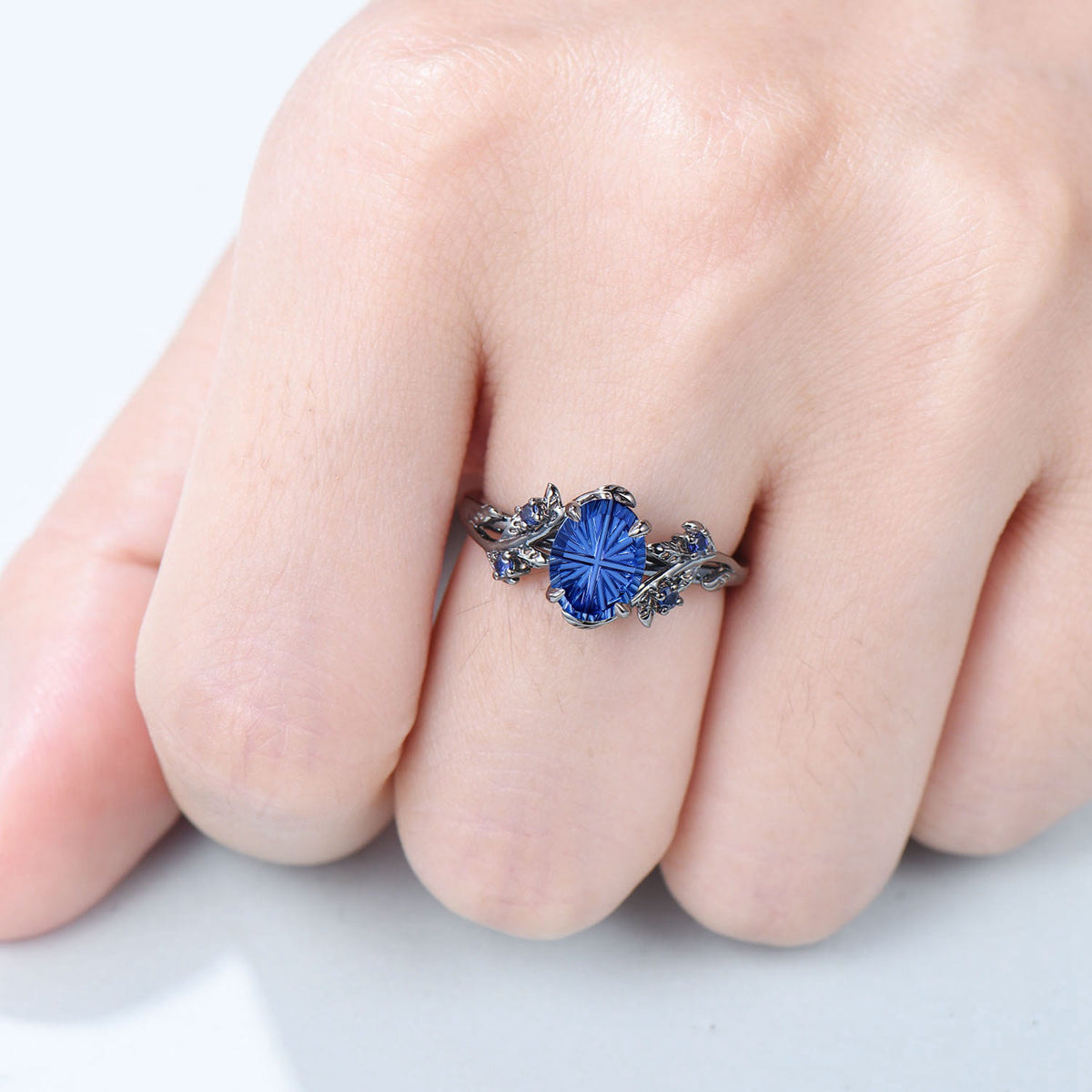 Black Gold Oval Fantasy Cut Sapphire Engagement Ring Nature Inspired Leaf Vine Ring