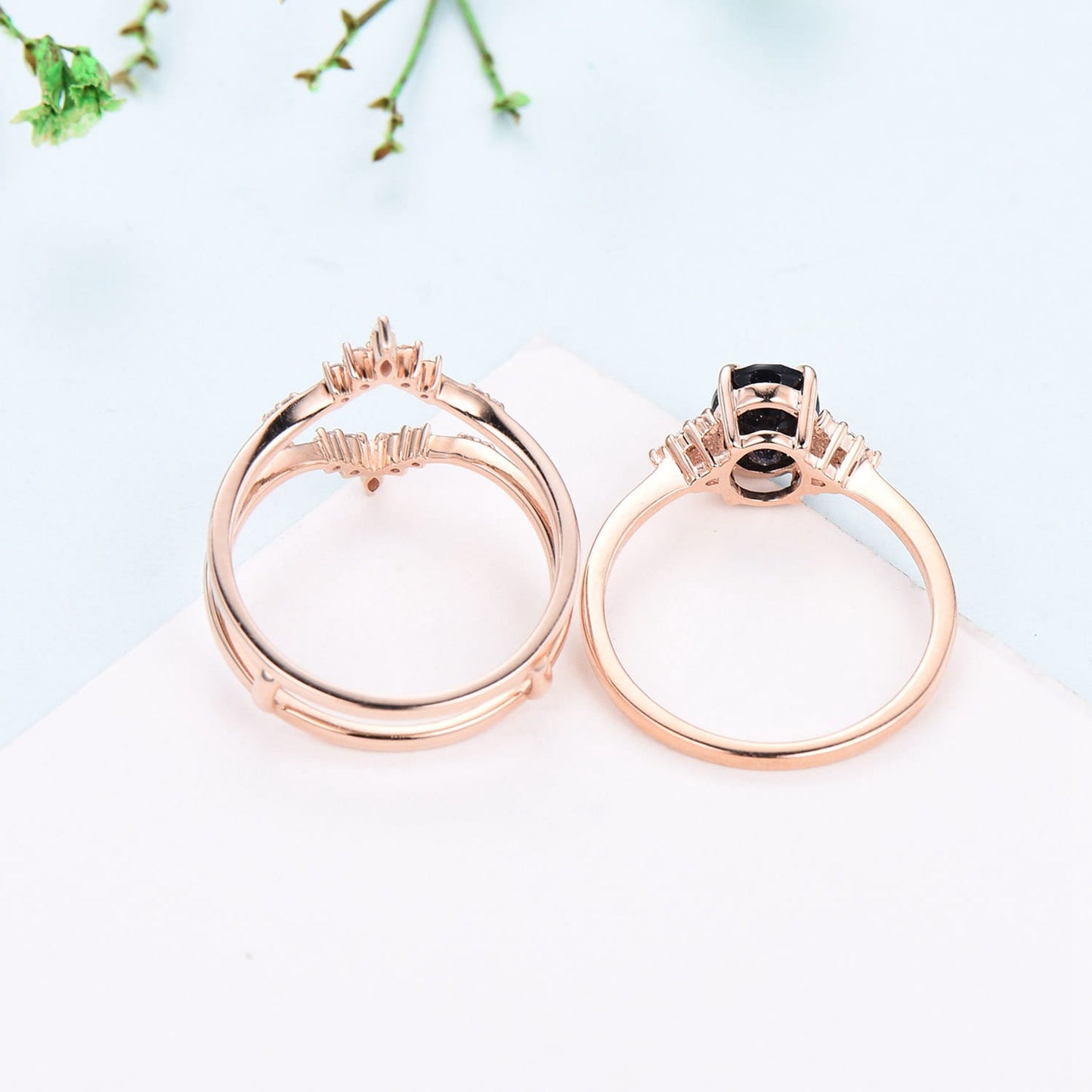 Unique Oval blue sandstone engagement ring set cluster moissanite wedding ring set vintage double curved diamond stacking band for women - PENFINE