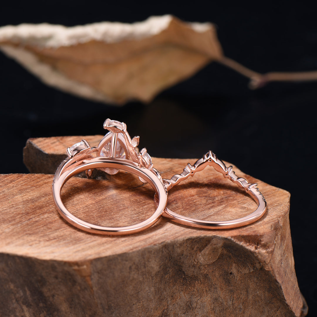 Nature Inspired Moissanite Bridal Set Teardrop Cut Moissanite Snake Engagement Ring Diamond Leaf Wedding Band Anniversary Gifts For Women - PENFINE