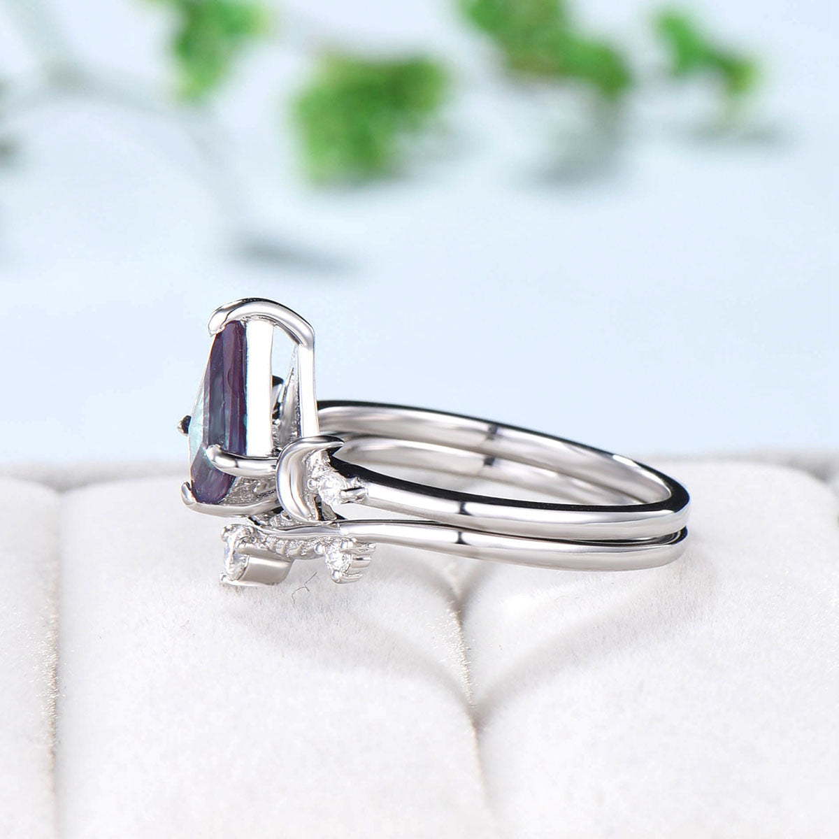 Vintage kite shaped Alexandrite engagement ring set rose gold Unique Celestial moon wedding ring for women band June birthstone promise ring - PENFINE