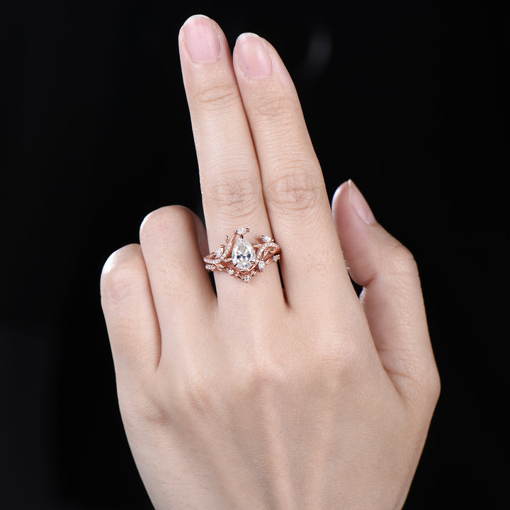 Nature Inspired Moissanite Bridal Set Teardrop Cut Moissanite Snake Engagement Ring Diamond Leaf Wedding Band Anniversary Gifts For Women - PENFINE