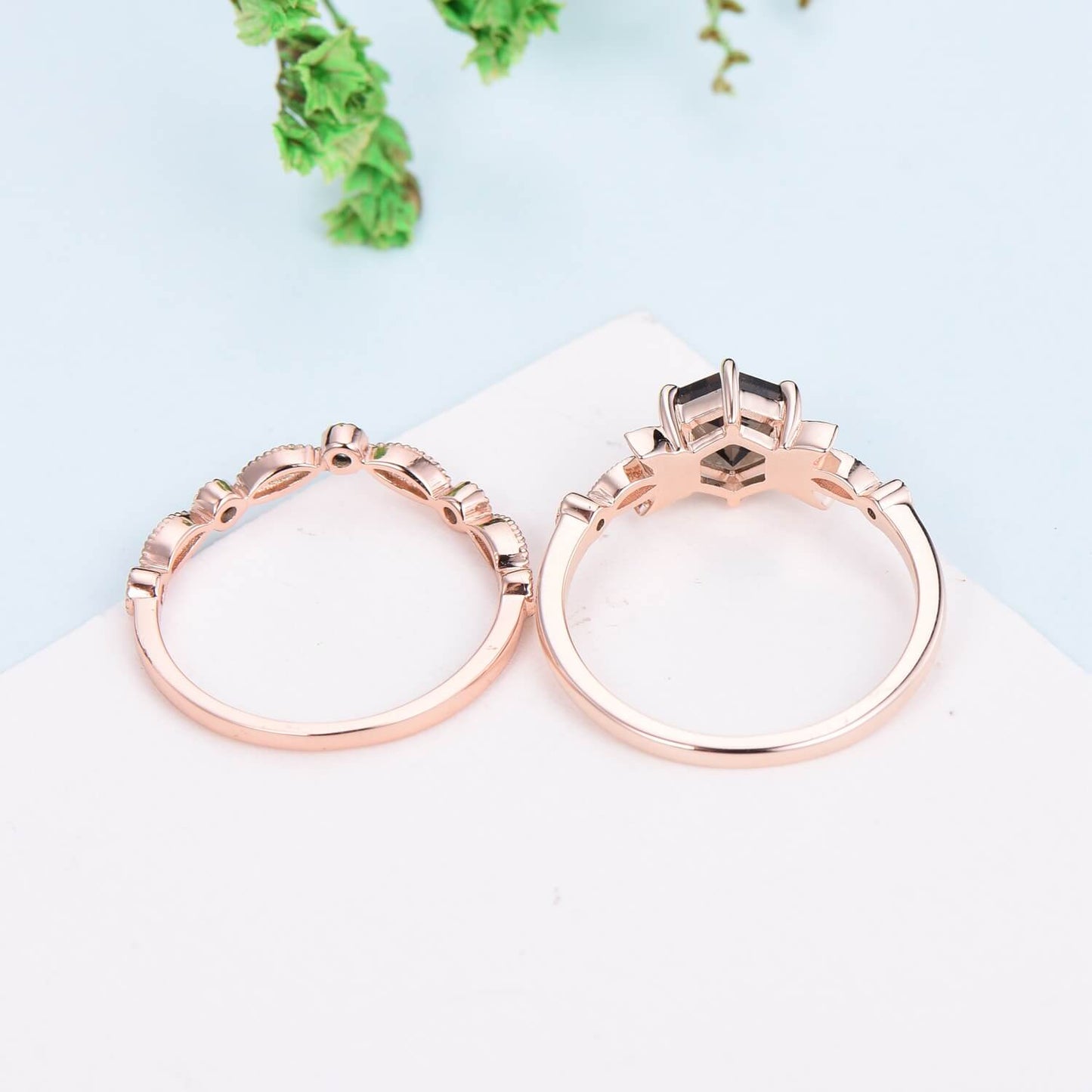 Vintage Smoky Quartz Engagement Ring Set Hexagon Brown Quartz Wedding Ring Set 14K Solid Gold Ring,Unique Women Moissanite Promise Ring - PENFINE