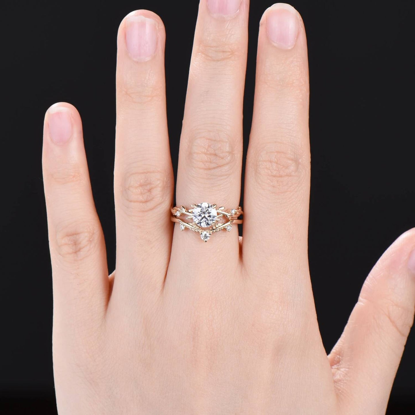 1CT Round Brilliant Moissanite Engagement Ring Set Nature Inspired Branch Twig Moissanite Wedding Set Unique Leaf anniversary promise ring - PENFINE