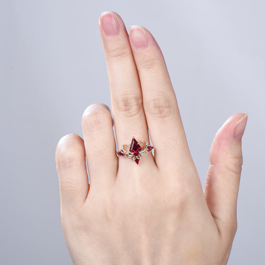 Unique Kite Cut Ruby Engagement Ring Rose Gold Four Max - PENFINE