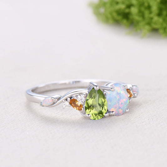 Multi Gems Pear Cut Natural Peridot Oval Cut Opal Toi et Moi Ring,Citrine Cluster Engagement Ring