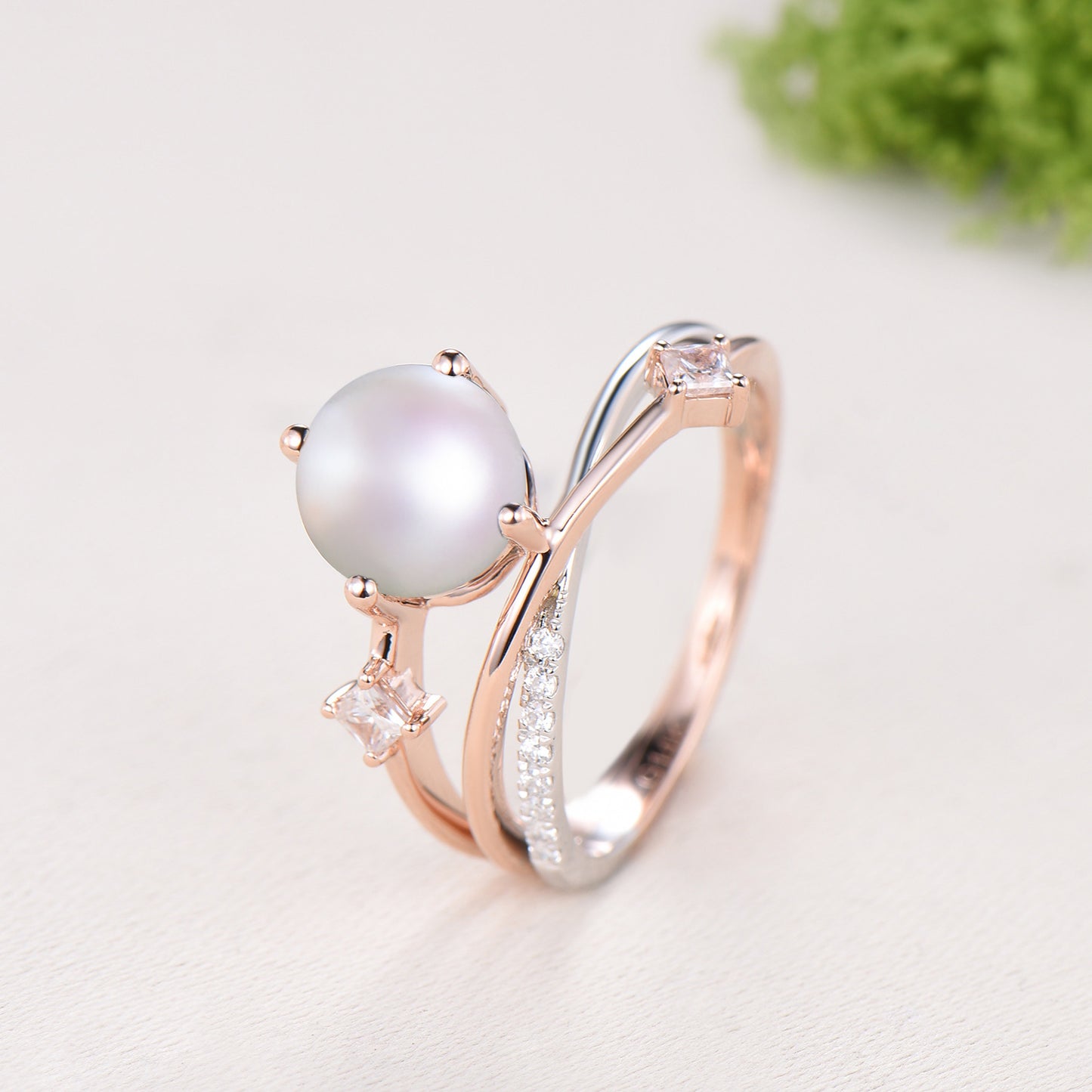 Unique Two Tone Pearl Engagement Ring , Split Shank Twisted Diamond Band