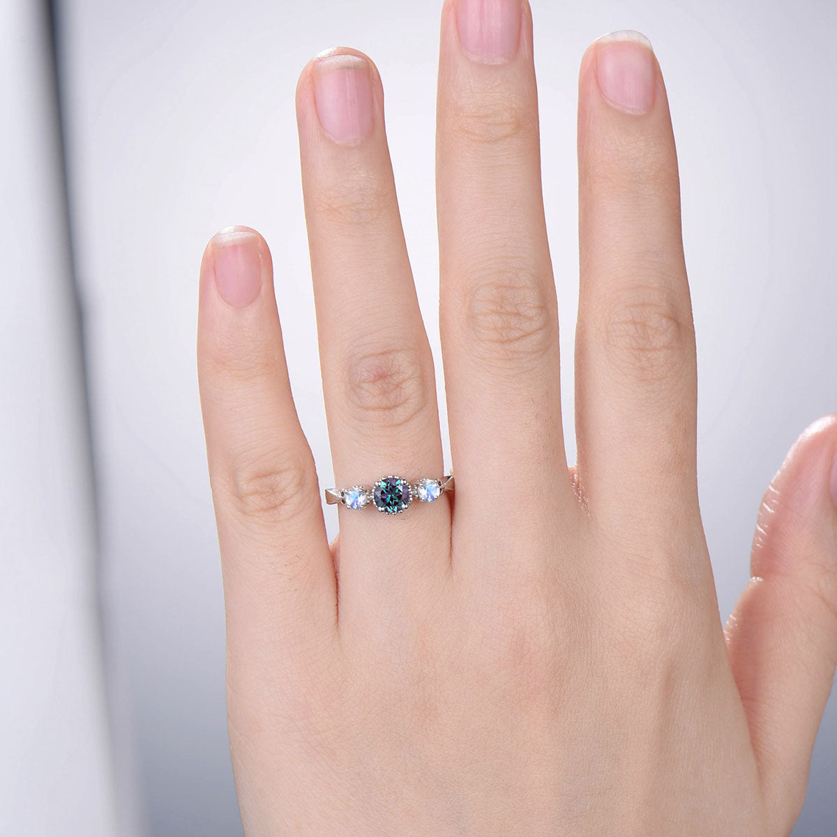 Alexandrite ring vintage round Alexandrite engagement ring three stone moonstone ring rose gold for women promise ring unique wedding ring - PENFINE