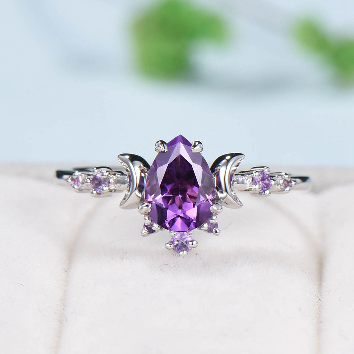 Pear purple amethyst engagement ring unique nature inspired engagement ring solitaire rings 14k rose gold silver ring anniversary ring high quality gift