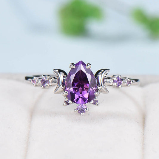 Vintage Pear Shaped Amethyst Engagement Ring Unique Crescent moon Purple amethyst gold wedding ring women celestial anniversary gift for her - PENFINE