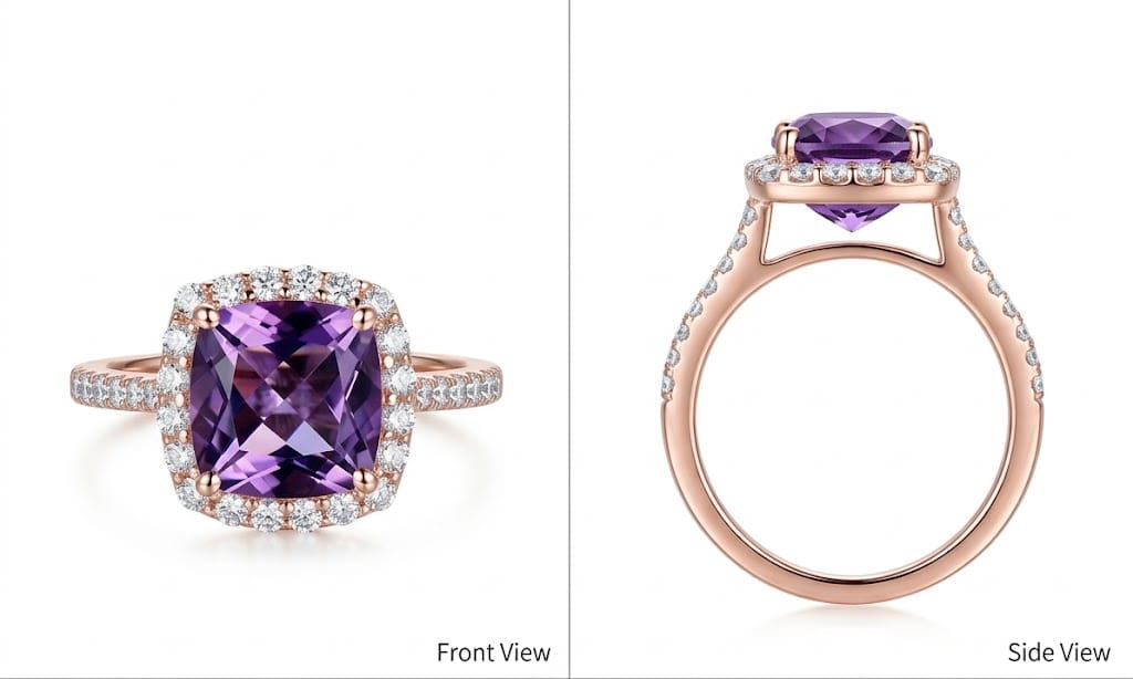 8x8mm cushion cut amethyst engagement ring accent diamonds 14K white gold, Size 6.5