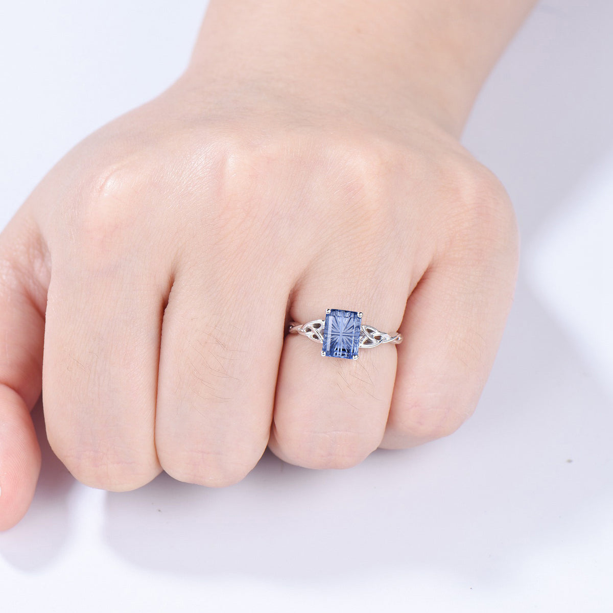 Unique Fantasy Cut Cornflower Blue Sapphire Celtic Knot Engagement Ring Solitaire Wedding Ring