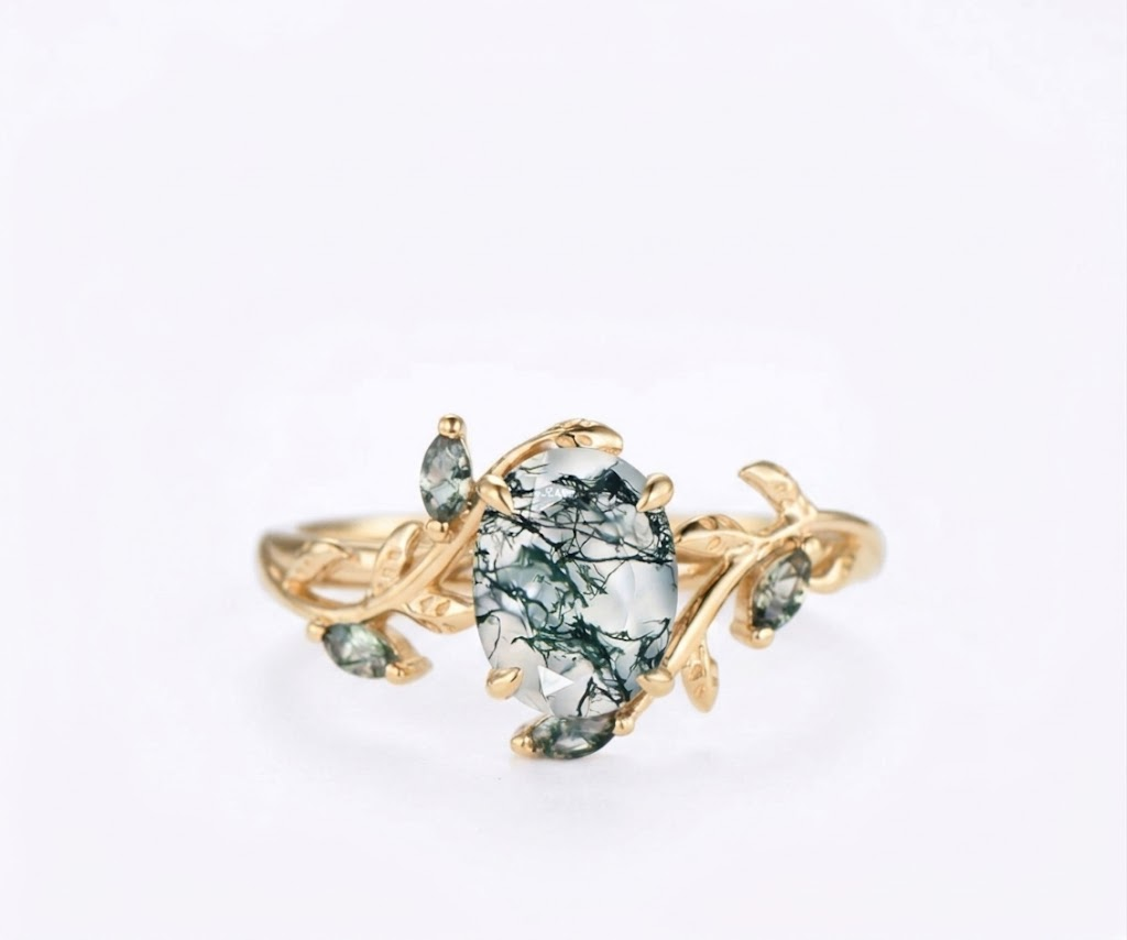 1.5CT oval cut green moss agate engagement ring 14K yellow gold, SIZE 7