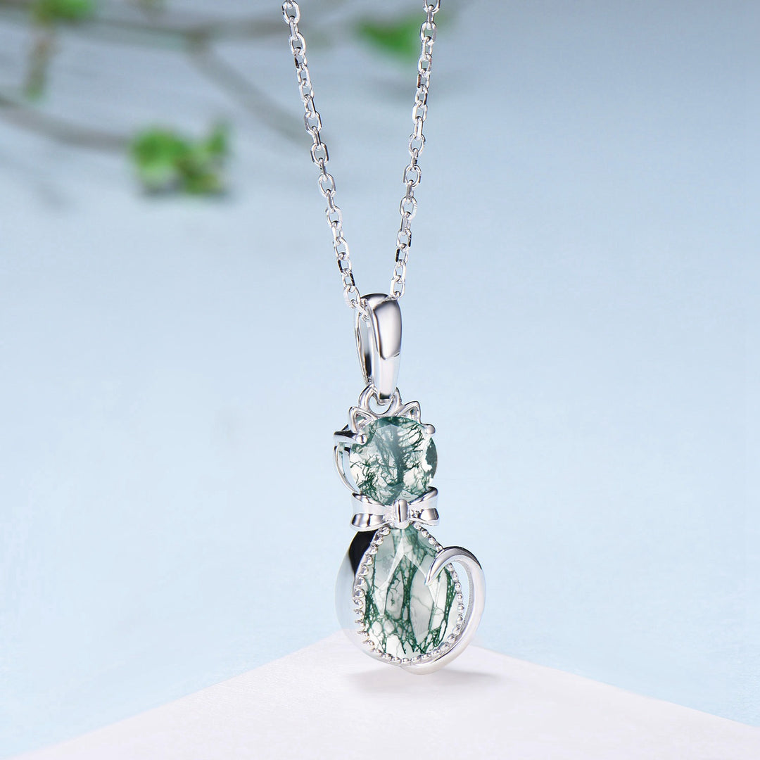 Exquisite cat natural moss agate necklace cute silver white gold bow pendant necklace personality cat paw anniversary gift for daughter - PENFINE