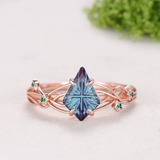 Kite Shaped Fantasy Cut Color-change Alexandrite Twisted Ring Set Amethyst Enhancer Stacking Band