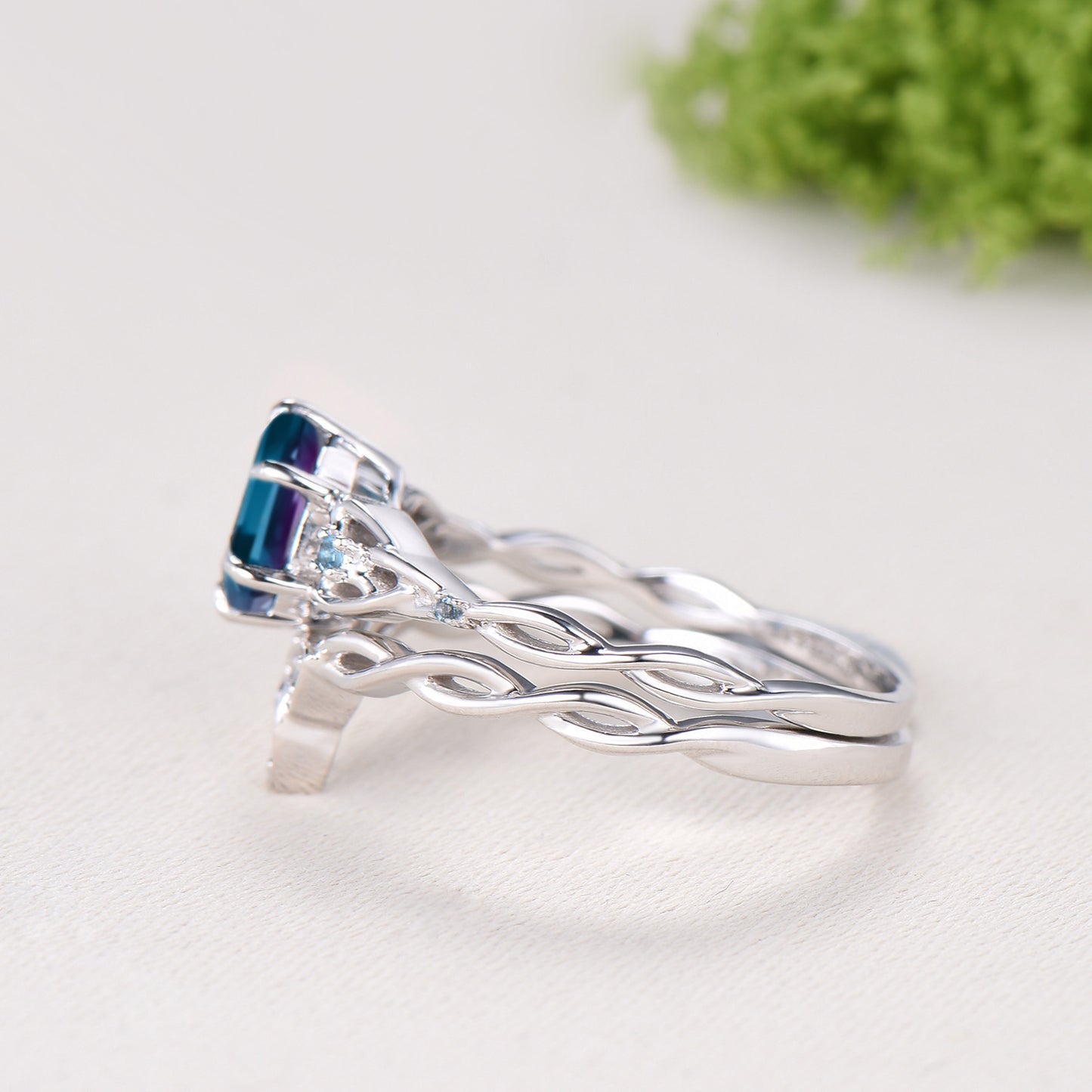 Norse Viking Hexagon Cut Alexandrite Engagement Ring Set Celtic Love Knot Swiss Topaz Band Unique Wedding Ring Set Promise Gifts Women