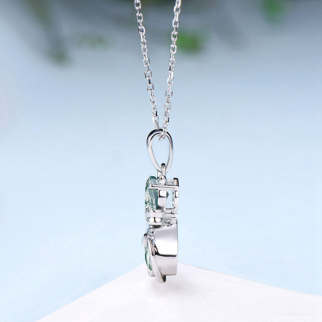 Exquisite cat natural moss agate necklace cute silver white gold bow pendant necklace personality cat paw anniversary gift for daughter - PENFINE