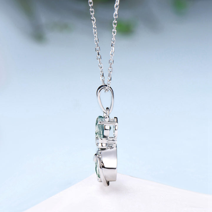 Exquisite cat natural moss agate necklace cute silver white gold bow pendant necklace personality cat paw anniversary gift for daughter - PENFINE