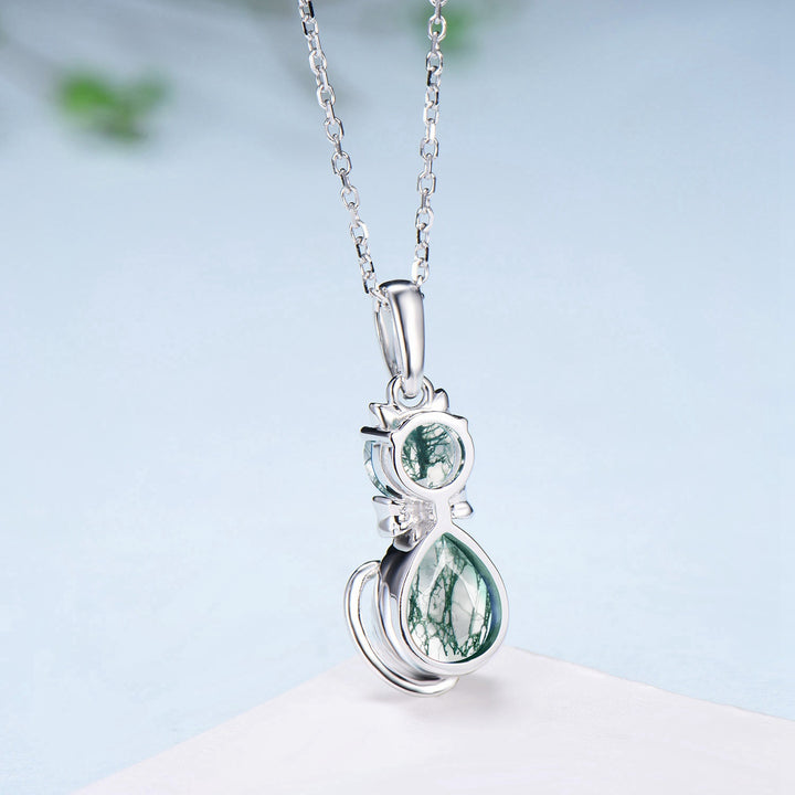 Exquisite cat natural moss agate necklace cute silver white gold bow pendant necklace personality cat paw anniversary gift for daughter - PENFINE