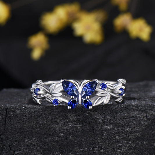 Blue Sapphire Butterfly Bridal Ring Set Leaf Twisted White Gold Engagement Ring