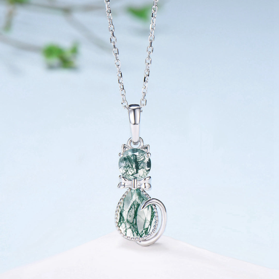 Exquisite cat natural moss agate necklace cute silver white gold bow pendant necklace personality cat paw anniversary gift for daughter - PENFINE