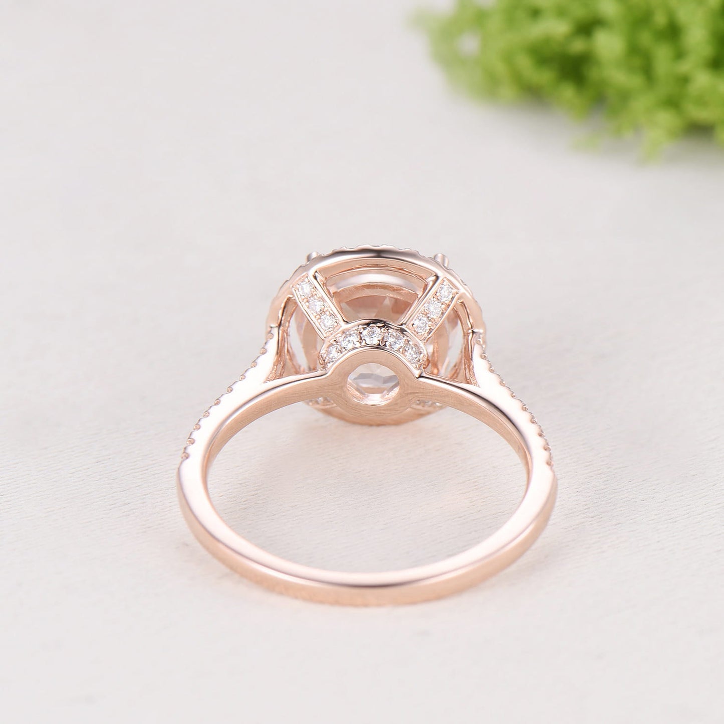 Retro Round Cut Morganite Engagement Ring Rose Gold, Hidden Diamond Halo Basket Setting