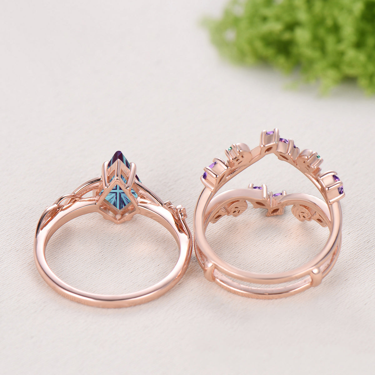Kite Shaped Fantasy Cut Color-change Alexandrite Twisted Ring Set Amethyst Enhancer Stacking Band