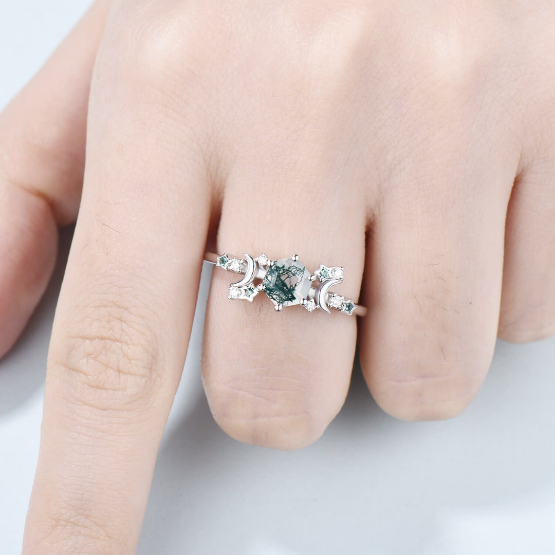 Galaxy Star moss agate engagement ring crescent moon hexagon cut green agate wedding ring Unique cluster star emerald anniversary ring women - PENFINE