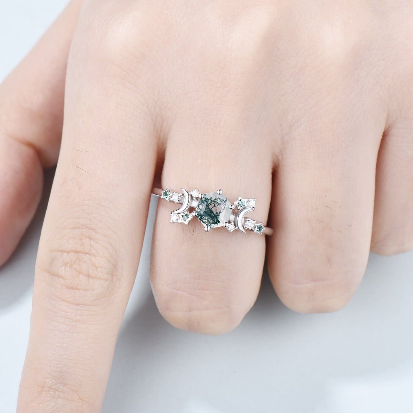 Galaxy Star moss agate engagement ring crescent moon hexagon cut green agate wedding ring Unique cluster star emerald anniversary ring women - PENFINE