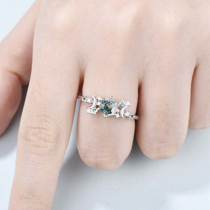 Galaxy Star moss agate engagement ring crescent moon hexagon cut green agate wedding ring Unique cluster star emerald anniversary ring women - PENFINE