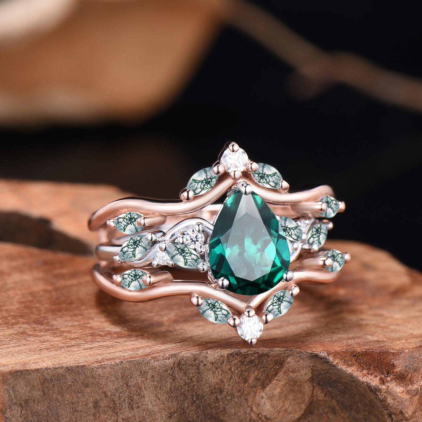 Pear Shaped Emerald Wedding Ring Set Rose Gold Cluster Enhancer Moss Agate Bridal Set