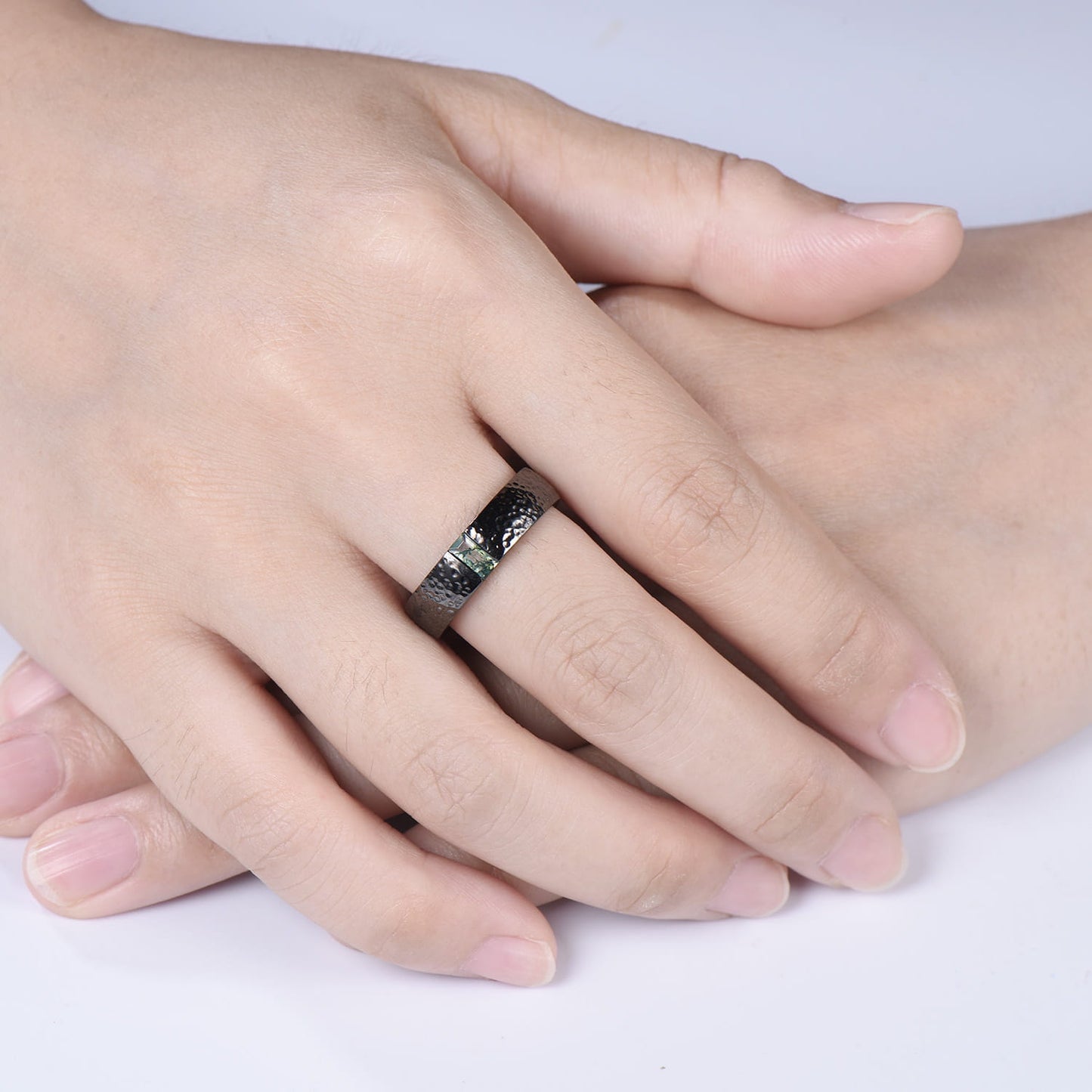Couples Ring Set 5mm Moss Agate Hammer Men's Wedding Ring Moissanite Curved Band
