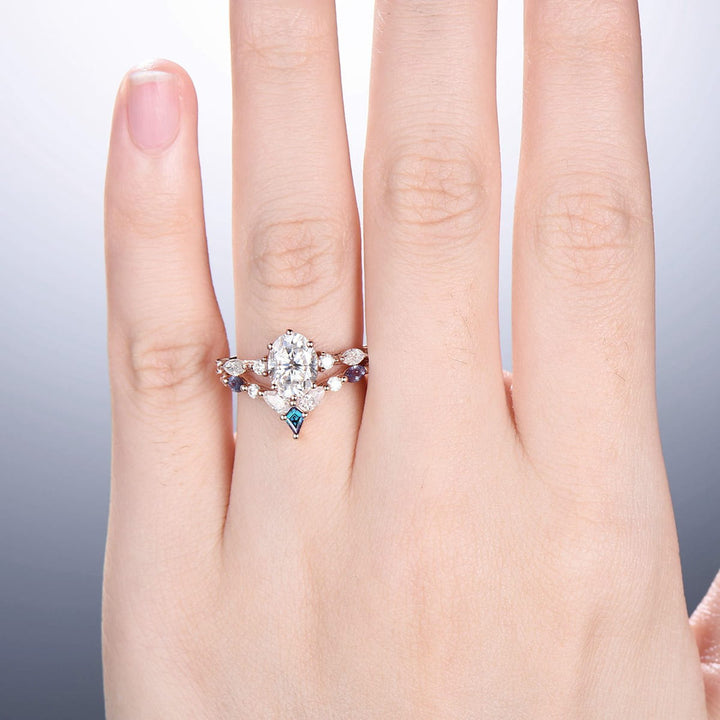 Vintage 1.5Ct Oval Moissanite engagement ring set unique rose gold wedding ring set crown alexandrite stacking band Bridal Promise ring - PENFINE