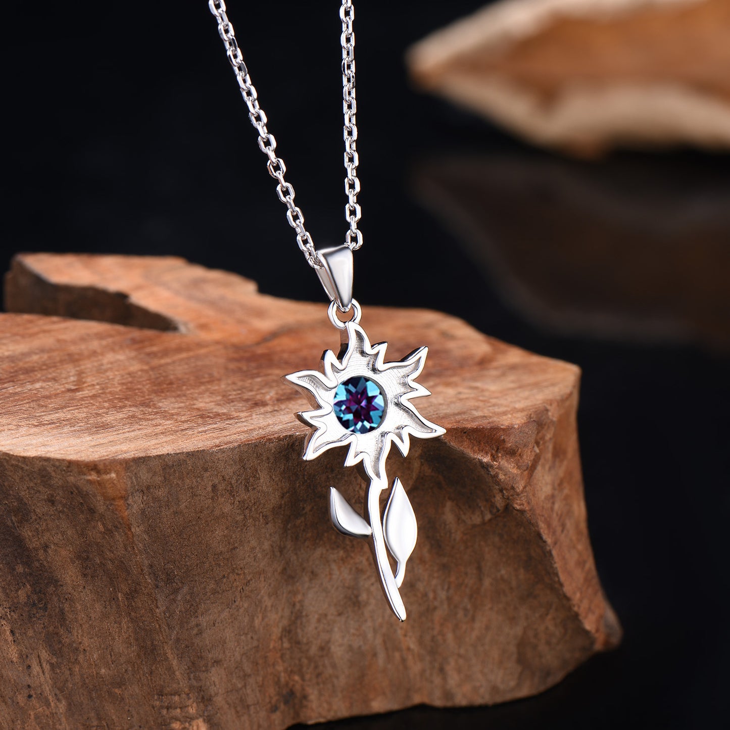 Elegant Alexandrite Sunflower Necklace, Color Change Leaf Vine Branch Pendant
