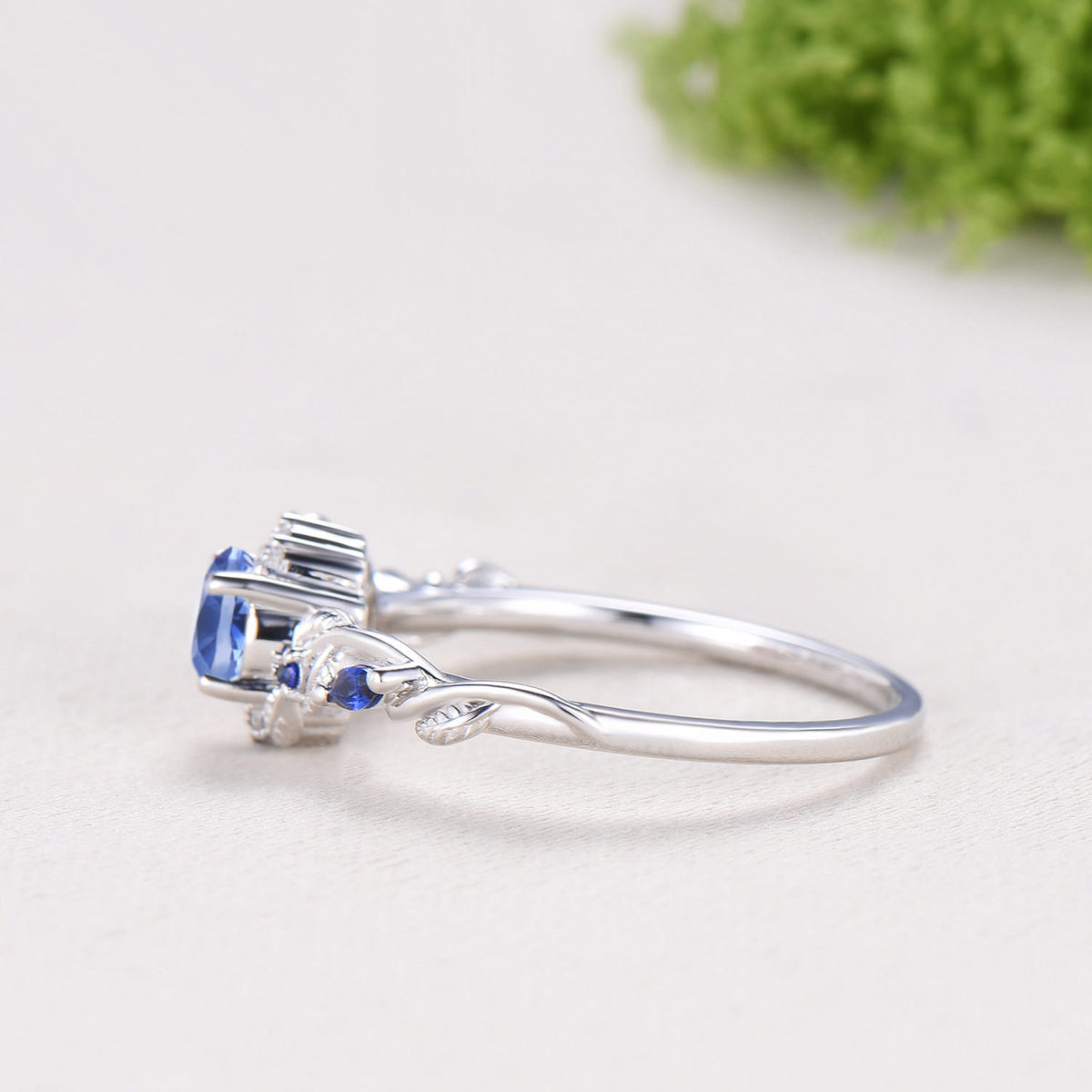 Round Cut Natural Tanzanite Moon Engagement Ring Sapphire Moissanite Halo Ring