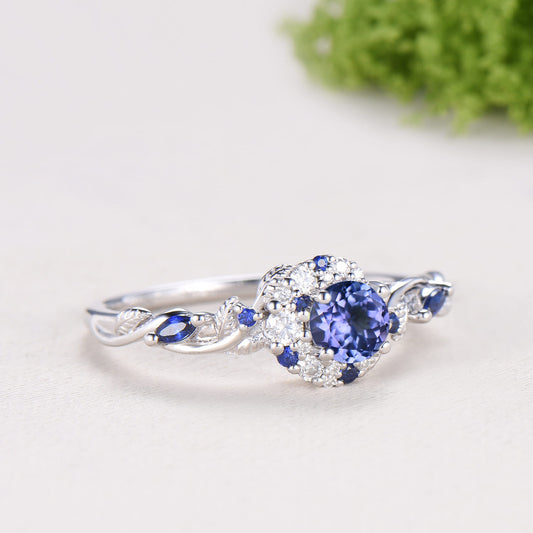 Round Cut Natural Tanzanite Moon Engagement Ring Sapphire Moissanite Halo Ring