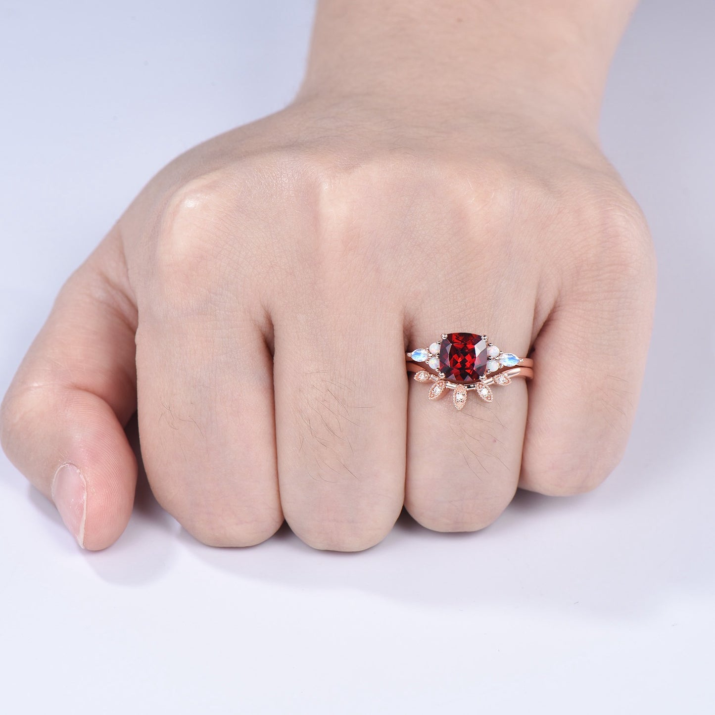 Vintage Garnet Ring For Women Cushion Garnet Engagement Ring Set Unique Opal Moonstone Wedding Ring Curved Moissanite Band Anniversary Gift - PENFINE