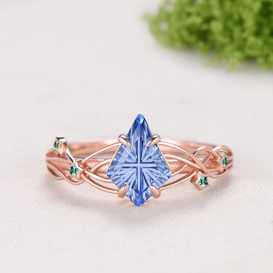 Kite Shaped Fantasy Cut Cornflower Blue Sapphire Twisted Ring Set Amethyst Emerald Enhancer Band