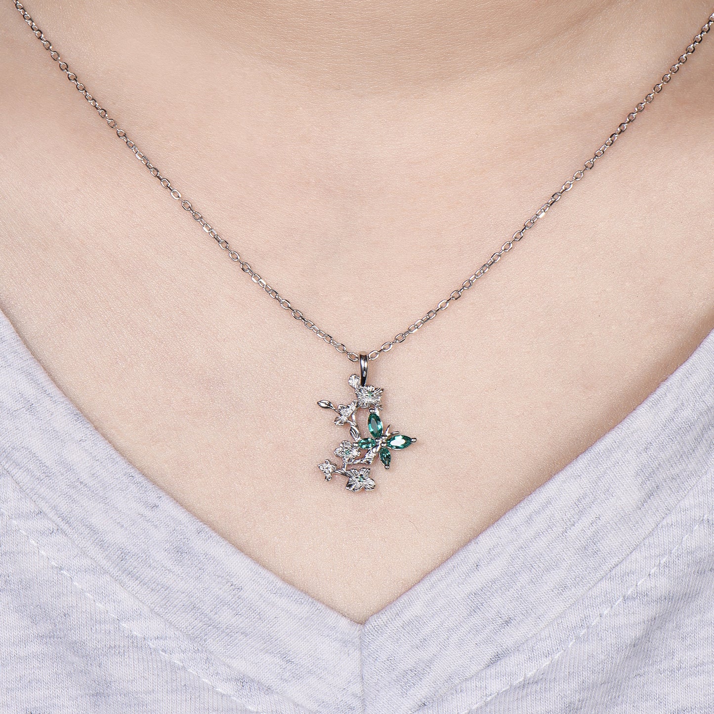 Emerald Green Crystal Butterfly Necklace, Floral Branch Pendant - PENFINE