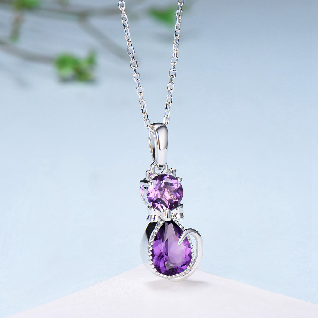 Elegant cat amethyst pendant necklace cute silver 14k white gold Bow round pear shaped amethyst necklace unique Cat's Paw anniversary gift - PENFINE