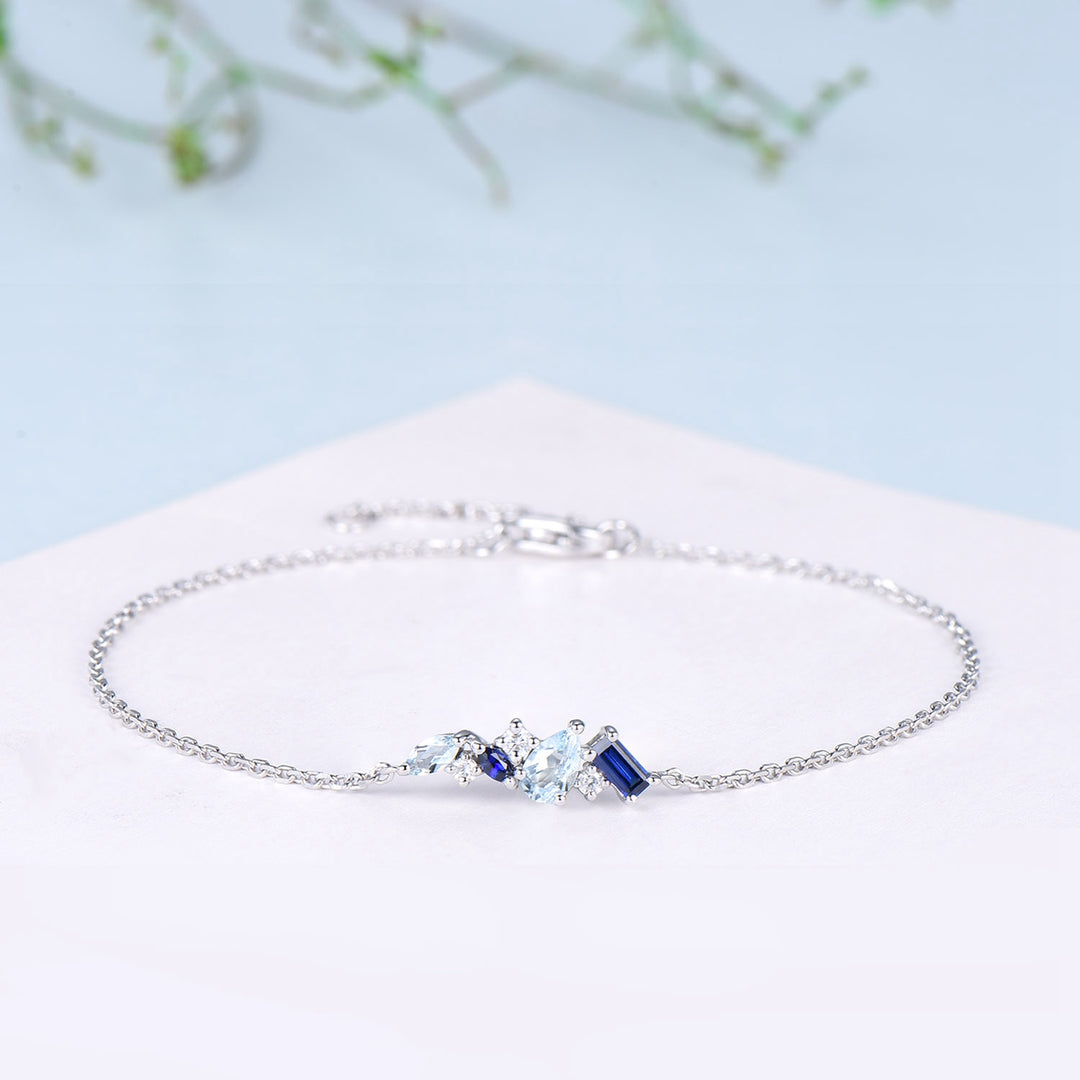 Elegant Pear Shaped Aquamarine Bracelet Multi-Stone Baguette Blue Sapphire Lobster Claw Bracelet Silver Gold Art Deco Anniversary Gift Women - PENFINE