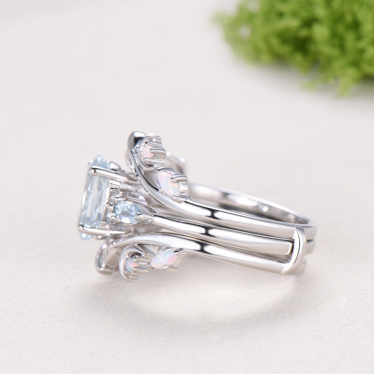 Vintage Oval Aquamarine Engagement Ring Set Leaf Bine Aquamarine Wedding Ring March Birthstone Double Curved Moon Opal Twig Bridal Set women