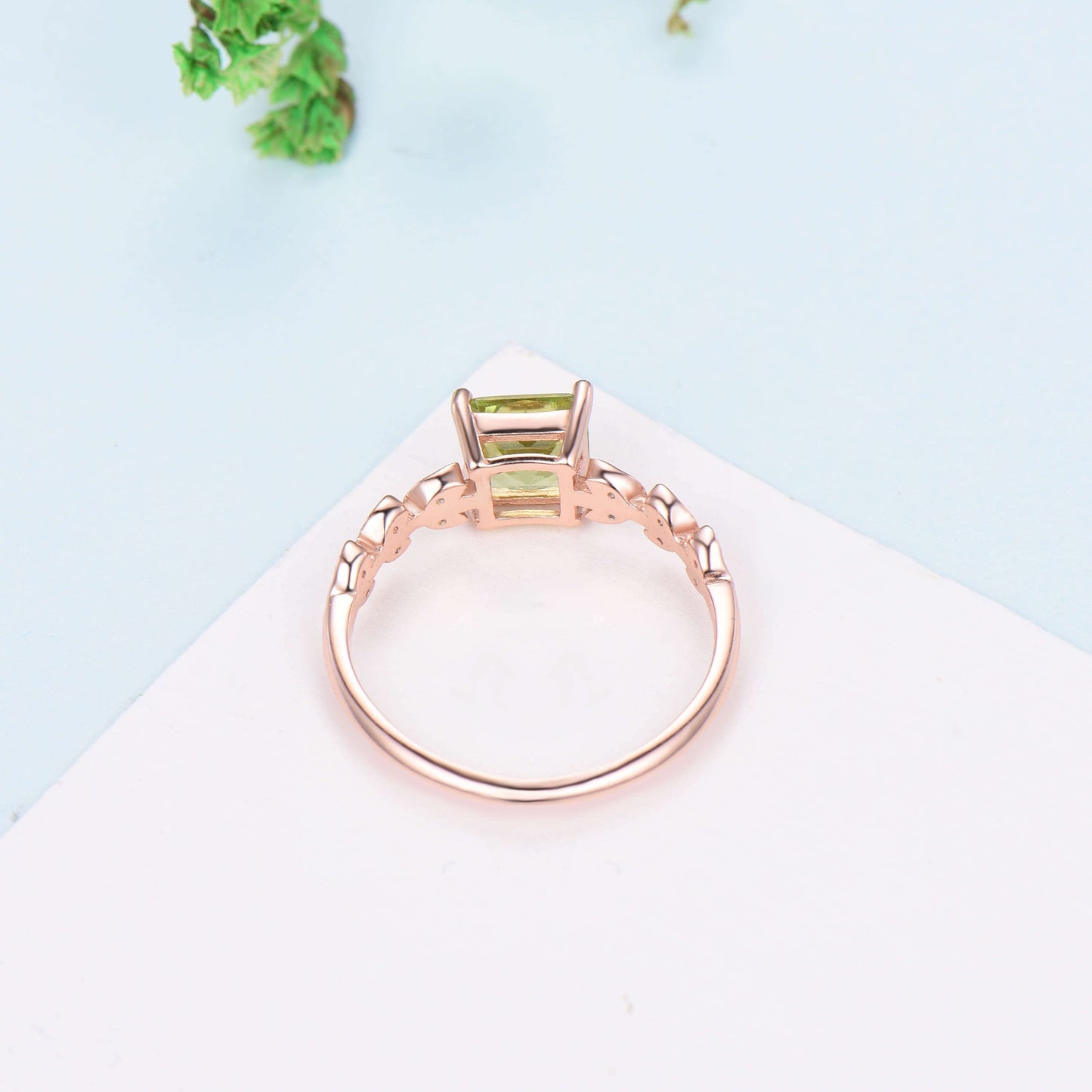 Princess cut peridot engagement ring leaf peridot and diamond wedding ring for women unique vintage style moissanite ring for women jewelry - PENFINE