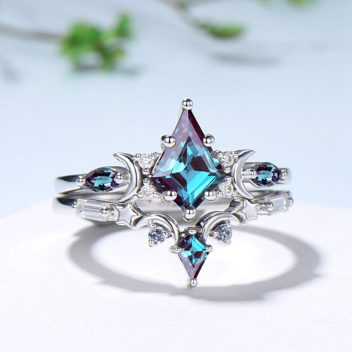 Crescent Moon kite cut alexandrite engagement ring set silver white gold art deco marquise color change birthstone ring 2pcs star bridal set - PENFINE