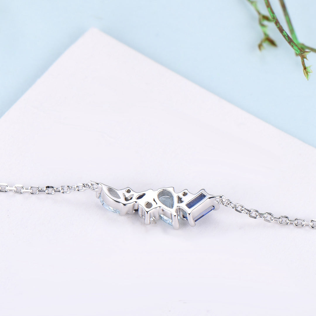 Elegant Pear Shaped Aquamarine Bracelet Multi-Stone Baguette Blue Sapphire Lobster Claw Bracelet Silver Gold Art Deco Anniversary Gift Women - PENFINE