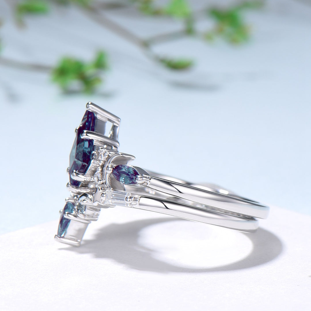 Crescent Moon kite cut alexandrite engagement ring set silver white gold art deco marquise color change birthstone ring 2pcs star bridal set - PENFINE