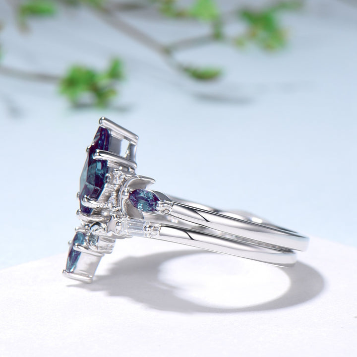 Crescent Moon kite cut alexandrite engagement ring set silver white gold art deco marquise color change birthstone ring 2pcs star bridal set - PENFINE
